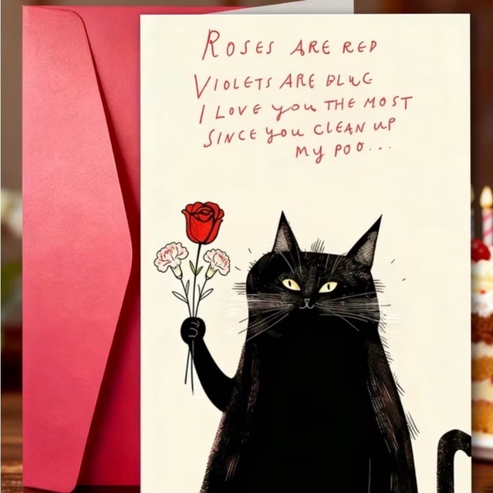 Hysterical, Whimsical Black Cat Greeting Card with Red Envelope
